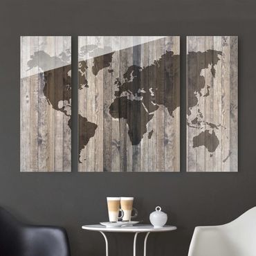 Tableau en verre 3 parties - Wood World Map