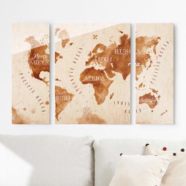 Tableau en verre 3 parties - World Map Watercolour Beige Brown