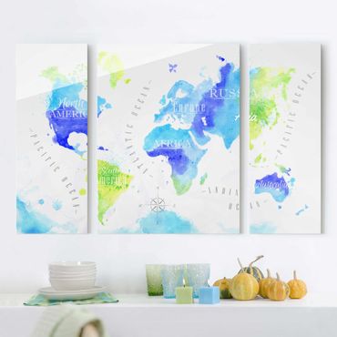 Tableau en verre 3 parties - World Map Watercolour Blue Green