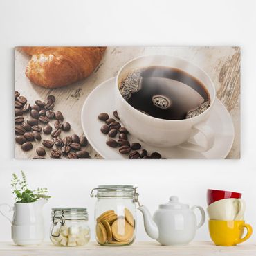 Impression sur toile - Steaming coffee cup with coffee beans