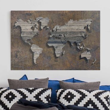Impression sur toile - Wooden Grid World Map