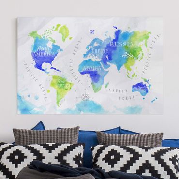 Impression sur toile - World Map Watercolour Blue Green
