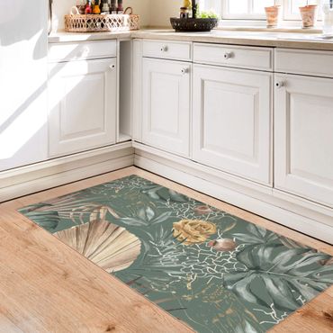 Vinyl Floor Mat - Large Leaves With Roses In Front Of Green - Portrait Format 1:2