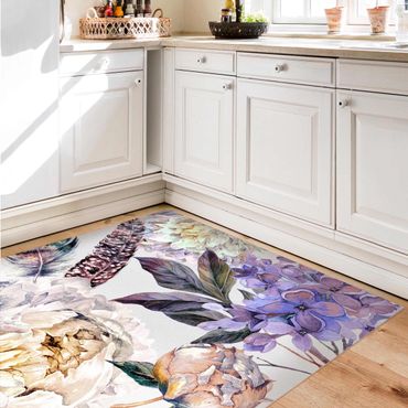 Vinyl Floor Mat - Delicate Watercolour Boho Flowers And Feathers Pattern - Square Format 1:1