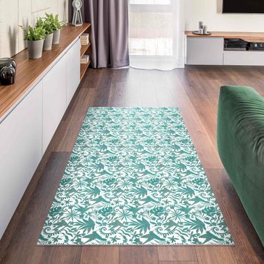 Vinyl Floor Mat - Watercolour Hummingbird And Plant Silhouettes Pattern In Turquoise - Landscape Format 2:1
