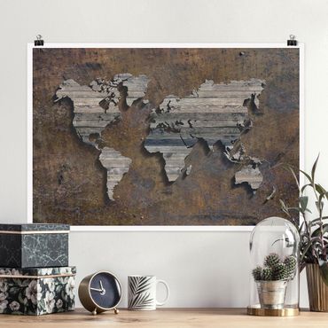 Poster - Wooden Grid World Map