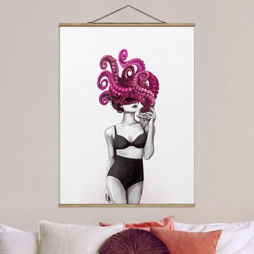 Tableau en tissu avec porte-affiche - Illustration Woman In Underwear Black And White Octopus