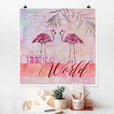 Poster - Vintage Collage - Tropical World Flamingos