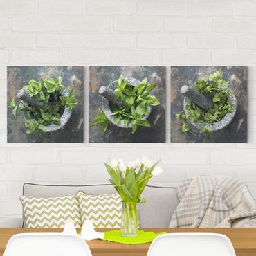 Impression sur toile 3 parties - Basil Mint Parsley In A Mortar