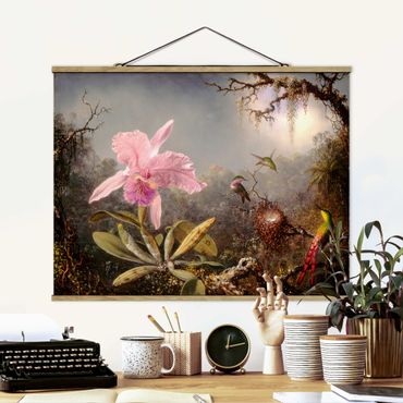 Tableau en tissu avec porte-affiche - Martin Johnson Heade - Orchid And Three Hummingbirds
