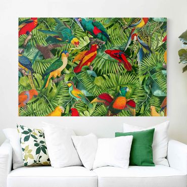 Impression sur toile - Colourful Collage - Parrots In The Jungle