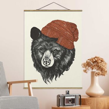 Tableau en tissu avec porte-affiche - Illustration Bear With Red Cap Drawing