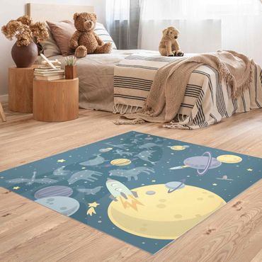 Vinyl Floor Mat - Planets With Zodiac And Rockets - Square Format 1:1