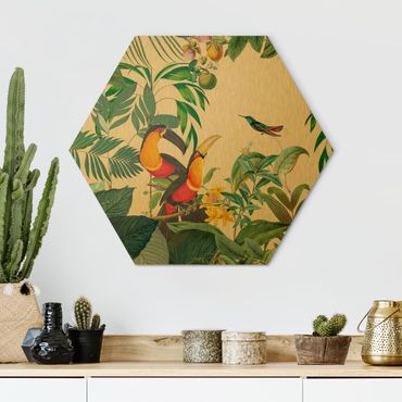Hexagone en alu Dibond - Vintage Collage - Birds In The Jungle