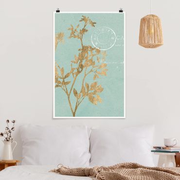 Poster fleurs - Golden Leaves On Turquoise I