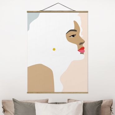 Tableau en tissu avec porte-affiche - Line Art Portrait Woman Pastel Pink
