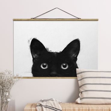Tableau en tissu avec porte-affiche - Illustration Black Cat On White Painting