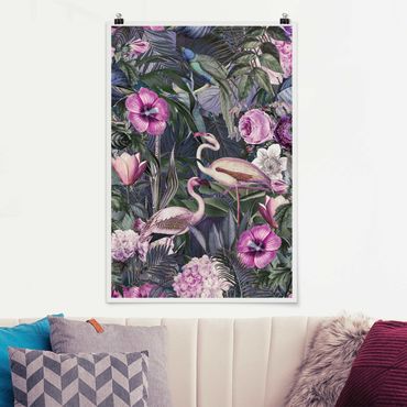 Poster - Colourful Collage - Pink Flamingos In The Jungle