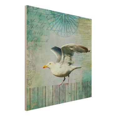 Impression sur bois - Vintage Collage - Seagull On Wooden Planks