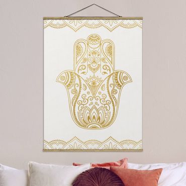 Tableau en tissu avec porte-affiche - Hamsa Hand Lotus OM Illustration Set Gold