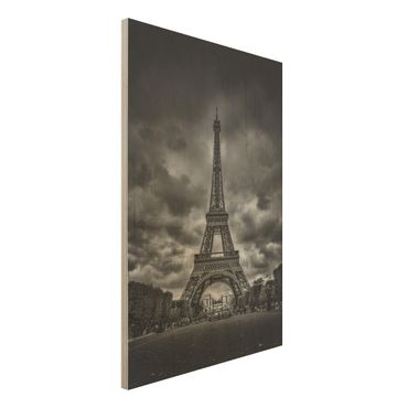 Tableau en bois - Eiffel Tower In Front Of Clouds In Black And White