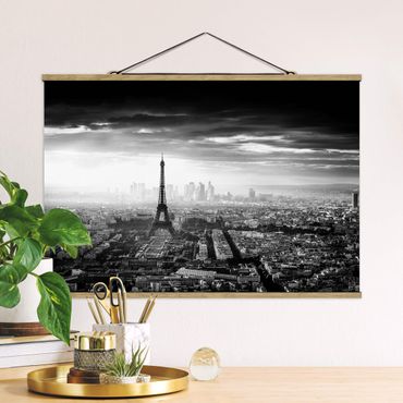 Tableau en tissu avec porte-affiche - The Eiffel Tower From Above Black And White
