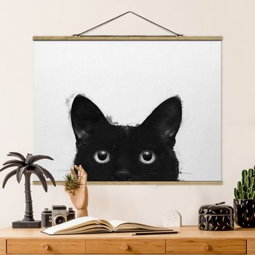 Tableau en tissu avec porte-affiche - Illustration Black Cat On White Painting