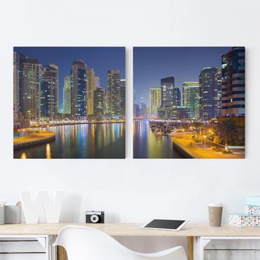Impression sur toile 2 parties - Dubai Night Skyline