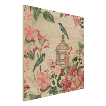 Impression sur bois - Shabby Chic Collage - Pink Flowers And Blue Birds