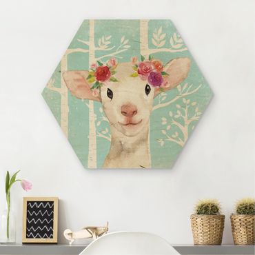 Hexagon Picture Wood - Watercolor Sheep Turquoise