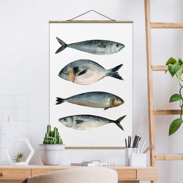 Tableau en tissu avec porte-affiche - Four Fish In Watercolour II