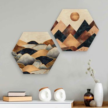 Hexagone en bois - Geometric & Golden Mountains Watercolour
