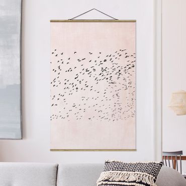 Tableau en tissu avec porte-affiche - Flock Of Birds In The Sunset