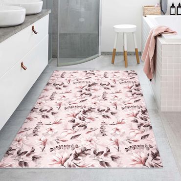 Vinyl Floor Mat - Blossoms With Gray Leaves In Front Of Pink - Landscape Format 3:2