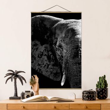 Tableau en tissu avec porte-affiche - African Elephant black and white