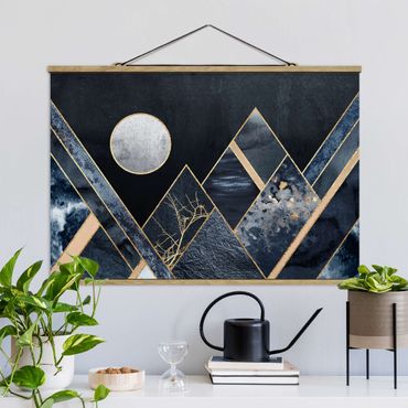 Tableau en tissu avec porte-affiche - Golden Moon Abstract Black Mountains