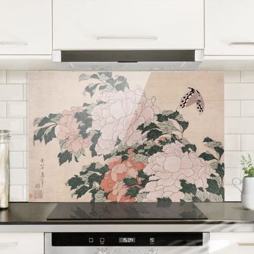 Fond de hotte - Katsushika Hokusai - Pink Peonies With Butterfly