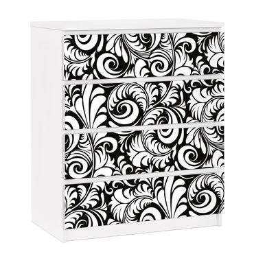 Papier adhésif pour meuble IKEA - Malm commode 4x tiroirs - Black And White Leaves Pattern