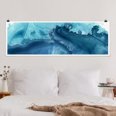 Poster panoramique abstrait - Wave Watercolour Blue l