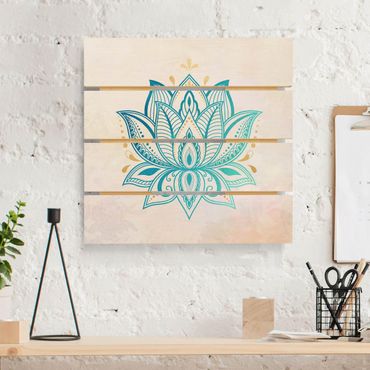 Impression sur bois - Lotus Illustration Mandala Gold Blue