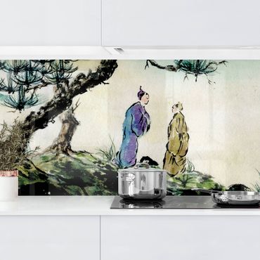 Revêtement mural cuisine - Japanese Watercolour Drawing Pine And Mountain Village