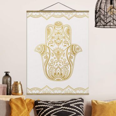 Tableau en tissu avec porte-affiche - Hamsa Hand Illustration White Gold
