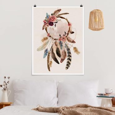 Poster spirituel - Dream Catcher With Roses And Feathers
