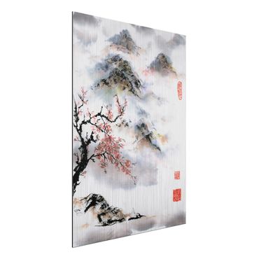 Impression sur aluminium - Japanese Watercolour Drawing Cherry Tree And Mountains