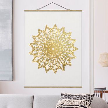 Tableau en tissu avec porte-affiche - Mandala Sun Illustration White Gold