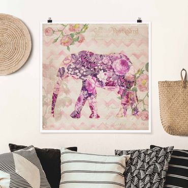 Poster - Vintage Collage - Pink Flowers Elephant