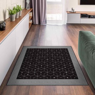 Vinyl Floor Mat - Geometrical Tiles Dotted Lines Black With Border - Square Format 1:1