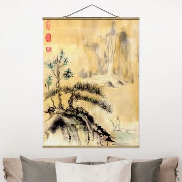 Tableau en tissu avec porte-affiche - Japanese Watercolour Drawing Cedars And Mountains