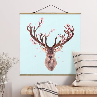 Tableau en tissu avec porte-affiche - Deer With Cherry Blossoms