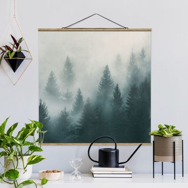 Tableau en tissu avec porte-affiche - Coniferous Forest In Fog